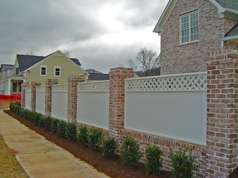 Brick Wall Gardens, Fence Wood, Wood Privacy Fence, Brick Columns, Rustic Fence, Fence Doors, Brick Fence, White Fence, Diy Fence