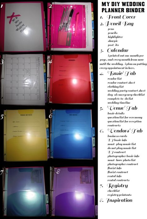 my DIY planner binder. i created the pages and printed them all out, but them each in page protectors and separated them with cheap index dividers. the whole thing cost me about $13. i can let you know exactly whats on each page if anyone would like. Diy Planner Binder, Wedding Planning Binder, Wedding Planner Binder, Index Dividers, Wedding Binder, Wedding Planning Timeline, Diy Event, Quirky Wedding, Page Protectors