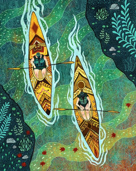 Kayaking Art Print by Angela Rizza - X-Small Kayak Art, Canoes, Canoe And Kayak, Editorial Illustration, Art Plastique, Female Artists, Painting Inspiration, Beach Towel, Painting & Drawing