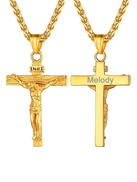 PRICES MAY VARY. Crucifix Charm Pendant & Chain: you can choose metal chain or wax rope chain per your preference. Pendant Size: 2" x 1" (L*W), Chain Length Option: 22 inch, 24 inch, 26 inch. ✍✍✍Back Side Customizable: the back side of the pendant is smooth cross, text can be engraved.❤❤❤How to customize: Step 1 Choose Personalized Color and "Click Customize Now", and enter your engrave content➤➤➤Step 2: choose font type to preview effect, check and make sure no spell error. ➤➤➤Step 3: ADD TO CA Jesus Necklace, Bff Jewelry, Meaningful Jewelry, Pendant With Chain, Christian Jewelry, Jesus On The Cross, Cross Pendant Necklace, Religious Jewelry, Rope Chain