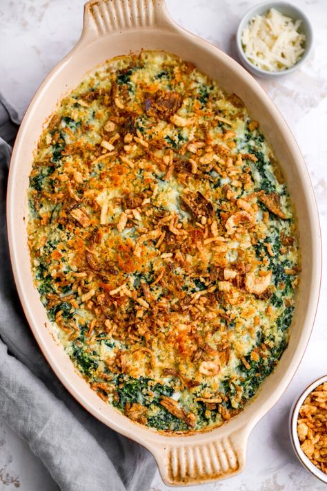 Creamed Spinach Gratin, Spinach Gratin, Spinach Souffle, Creamed Spinach Recipe, Cooking Onions, Garlic Seasoning, Crispy Onions, Creamy Spinach, Creamed Spinach