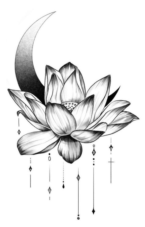 Thigh Lotus Tattoos Women, Lotus Moon Tattoo, Moon And Lotus Tattoo, Heartless Tattoo, Simple Lotus Flower Tattoo, Lotus Flower Colors, Black Lotus Tattoo, Lotus Tattoo Meaning, Flower Neck Tattoo