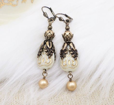 Cream Victorian Style Acrylic Bead Dangle Earrings, Gold Faux Pearl Handmade Vintage Earrings Victorian, Victorian Style Jewelry, Bead Dangle Earrings, Brass Filigree, Dangle Earrings Gold, Shell Design, New Earrings, Handcrafted Artisan Jewelry, Beaded Dangle Earrings