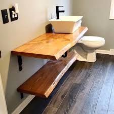 Vessel Sink Bathroom Vanity Storage, Shelf For Sink Bathroom, Bathroom With Live Edge Vanity, Unique Bathroom Ideas Bohemian, Bathroom Sink On Wooden Shelf, Bathroom Sink Wood Counter, Raw Edge Bathroom Vanity, Bathroom Sink Bedroom Vanities, Floating Basin Shelf