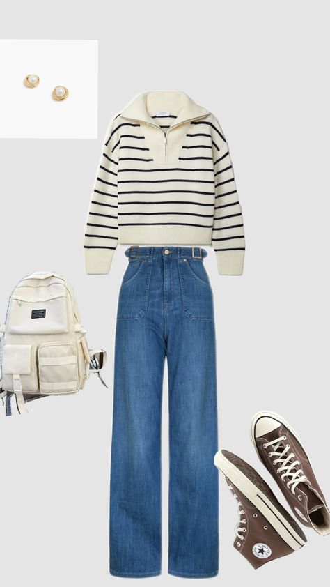 School is an interesting place when u have this great outfit to flaunt ✨#backtoschool #dresstoimpress Nautical Outfit Women, Nautical Chic, Sweater With Zipper, Nautical Outfits, Interesting Place, Jeans Outfit Women, Sweater Refashion, Casual School Outfits, Early Fall Outfit