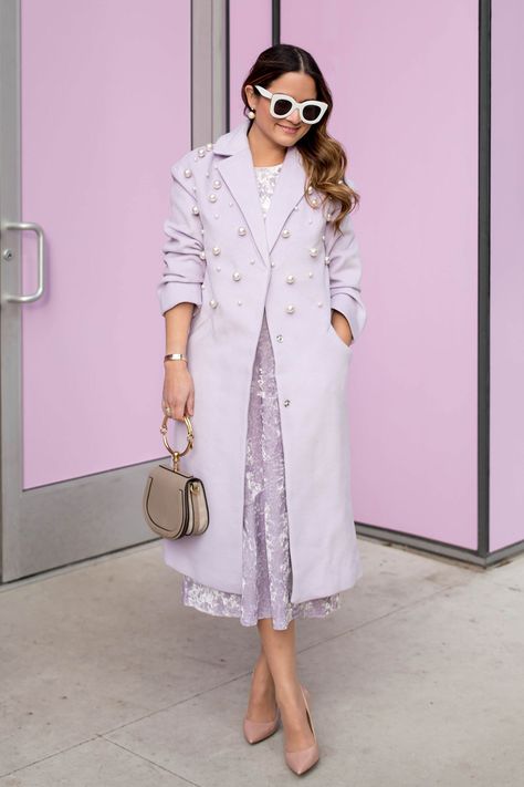 Lilac Pearl Embellished Coat #PearlsThatGoWith #Fashion #OOTD  #PearlJewelry #Lilac #Spring #FemaleEmpowerment #FindYourLuster #HonoraPearls Lilac Velvet Dress, Popular Winter Outfits, Lilac Outfits, Lavender Outfits, Lilac Coat, Lilac Velvet, Embellished Coat, Cute Winter Outfit, Bracelet Bag