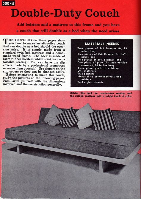 1961 DIY Daybed Daybed Couch, Build Your Own Sofa, Couch Material, Mid Century Daybeds, Built In Couch, Diy Mid Century, Diy Daybed, Built In Sofa, Diy Couch