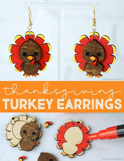 Turkey Earrings #thanksgiving #xtool #xtools1 #diyearrings #woodcrafts #lasercrafts #holidayfashion #turkey #cuteturkey #diyjewelry Wood Turkey, Turkey Earrings, Diy Turkey, Chalk Paint Wax, Thanksgiving Dinner Table, Jewelry Pliers, Thanksgiving Ideas, Geek Gifts, Creative Jewelry