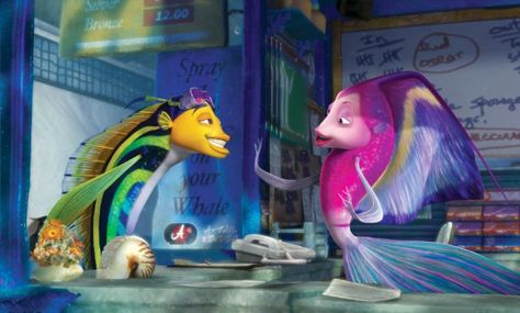 Oscar and Angie from "Shark Tale". Setting: North Atlantic Ocean, near the site of the Titanic sinking. Angie Shark Tale, Nathan Fowkes, Shark Tale, Chicken Little, Picture Movie, The Good Dinosaur, Dreamworks Animation, Movie Lover, Animation Film