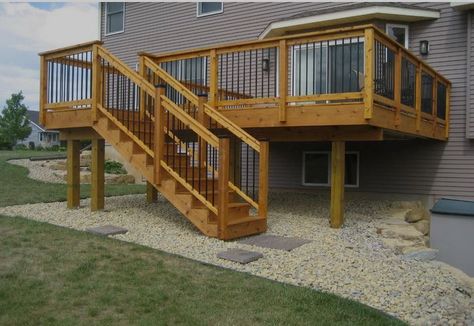 Deck 1 Elevated Deck Ideas, Deck With Stairs, Deck Staircase, Deck Stair Railing, Easy Deck, Raised Deck, Cedar Deck, Building A Porch, Patio Deck Designs