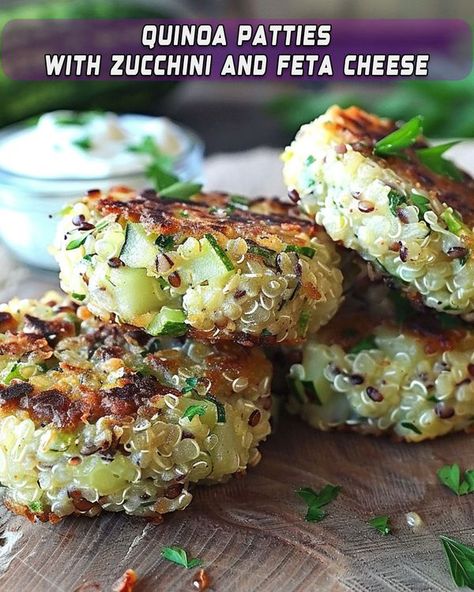 Quinoa Patties With Zucchini And Feta, Crispy Quinoa Patties, Stuffed Zucchini Recipes, Zucchini Quinoa, Quinoa Patties, Greek Yogurt Sauce, Mediterranean Quinoa, Crispy Quinoa, Zucchini Feta