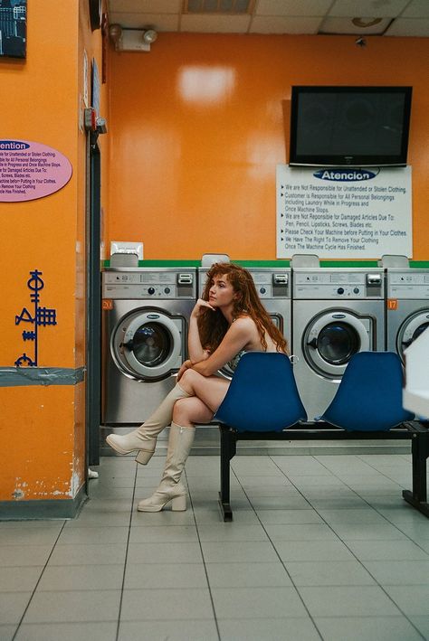 NYC based editorial photographer Tiana Michele Photo shows inspiration on Laundromat photoshoots and creative laundromat shoots. Photo By Tiana Michele Photo #nycphotographer #editorialphotographer #newyorkphotographer Laundry Shoot, Blue Sargent, Laundry Mat, Photographie Inspo, Foto Poses, Washing Machines, Poses References, Foto Art, Shooting Photo