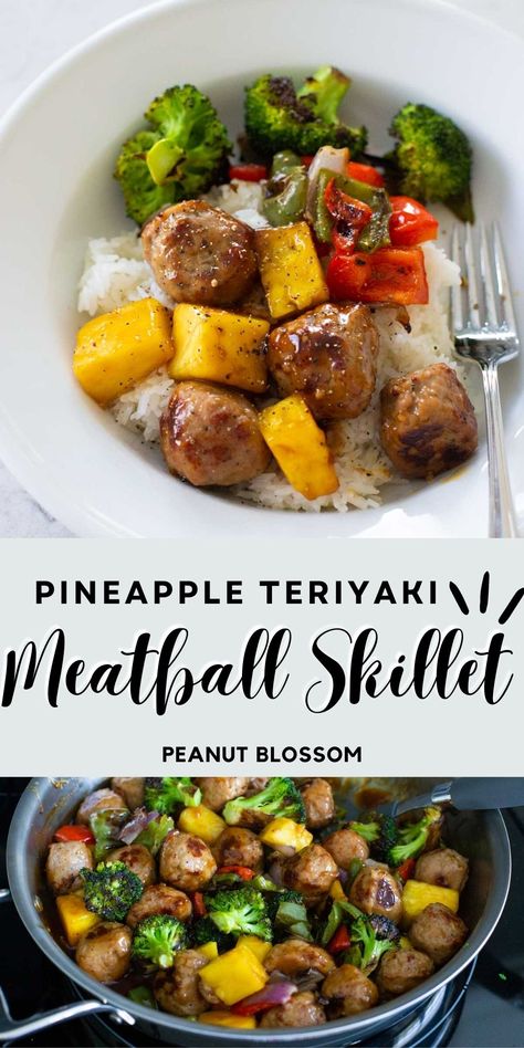 Pineapple Teriyaki Meatballs Stir Fry Pineapple Teriyaki Meatballs, Meatball Skillet, Teriyaki Meatballs Recipe, Teriyaki Pineapple Chicken, Pineapple Meatballs, Teriyaki Chicken Meatballs, Pineapple Teriyaki, Costco Chicken, Teriyaki Meatballs