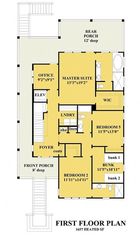 dorians_beach_1st Elevated House Plans, Beach Style House Plans, Beach House Floor Plans, Elevated House, Vacation House Plans, Porch Interior, Coastal House Plans, Coastal House, Beach House Plans