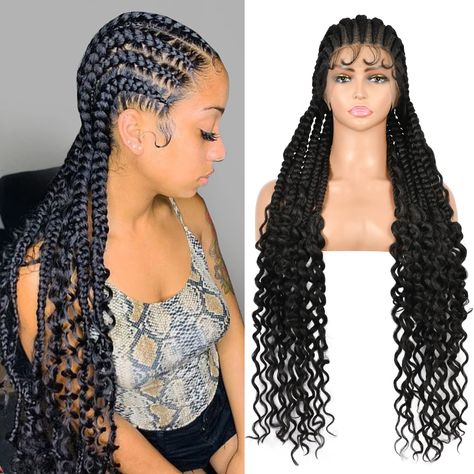 PRICES MAY VARY. 【Latest Boho Curls Braids Look】Hurry up to get it !Our box braided wigs and boho curly tips is innovatively designed by professional hair stylists,the transition between the braid and the curl is very natural.Transparent full double lace part looks like a melted skin look,the hair was braided from your scalp,lace front braided wigs came with pre-plucked baby hairs since that just made the install a lot smoother.This cornrow briaded wig will be definitely popular all over the wor Braids Different Colors, Two Big Braids, Corn Rows, Afro Braids, Full Lace Front Wigs, Big Braids, Lace Braid, Box Braid Wig, Afro Wigs