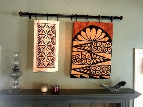 Tapa Cloth decor. Hanging from a curtain rod above the fireplace. Tapa Cloth Decor, Above The Fireplace, Tapa Cloth, Floating Acrylic Frame, Acrylic Frame, Home Economics, Decor Hanging, The Fireplace, Acrylic Frames