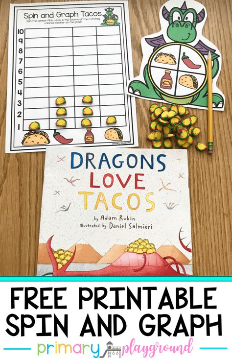 Free Printable Dragon Tacos Spin and Graph - Primary Playground Rainbow In A Jar, Dragons Love Tacos, Uno Cards, Graphing Activities, 5 De Mayo, Math Workshop, Book Dragon, Future Classroom, Kindergarten Math