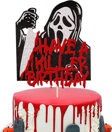 Amazon.com: 1 PCS Have a Killer Birthday Cake Topper Assembled Glitter Horror Classic Halloween Cake Pick for Bloody Horror Theme Birthday Halloween Party Cake Decorations Supplies : Grocery & Gourmet Food Killer Birthday Cake, Halloween Party Cake, Movie Cakes, Movie Birthday Party, Movie Themed Party, Horror Party, Bday Party Theme, Movie Birthday, Classic Halloween