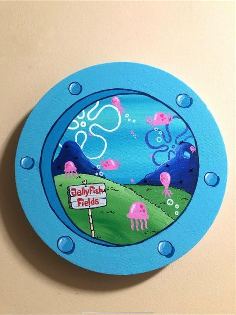 Spongebob Window Painting, Spongebob Window, Vinyl Art Paint, Circular Canvas, Jellyfish Painting, Spongebob Painting, Simple Canvas Paintings, Cute Canvas Paintings, Tanah Liat