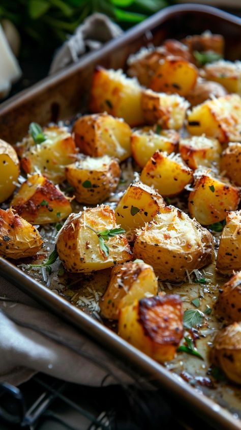 These extra-crispy roasted parmesan potatoes are the perfect potato side dish for any meal. They're savory, salty, and cheesy to the max! Roasted Cheesy Potatoes, Roasted Parmesan Potatoes, Crispy Parmesan Potatoes, Hot Pot Recipe, Potato Side Dish, Parmesan Roasted Potatoes, Leftover Potatoes, Healthy Potatoes, Roasted Vegetable Recipes