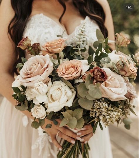 Huge Bridal Bouquet, Earth Tone Wedding Bouquets, Wedding Bouquets With Roses, Bridal Bouquet Fall Real Flowers, Neutral Bride Bouquet, Fall Bridal Bouquet November, Neutral Wedding Flowers Centerpieces, Hoco Bouquet, Simple Bridal Bouquet