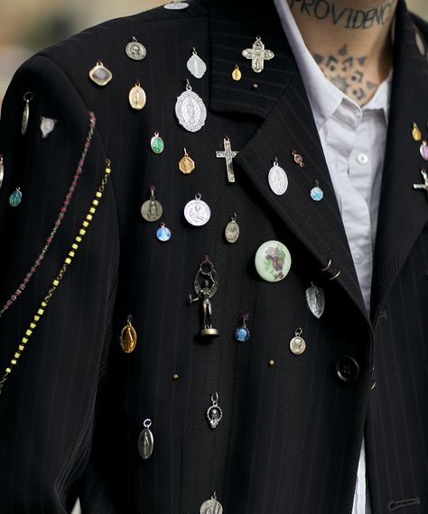 Blazer With Patches, Embellished Jacket Diy, Upcycle Mens Blazer Suit Jackets, Punk Blazer Diy, Luxury Punk Outerwear With Rivets, Upcycled Blazers Suit Jackets, Spike Jacket, Controversial Fashion, Eclectic Grandpa