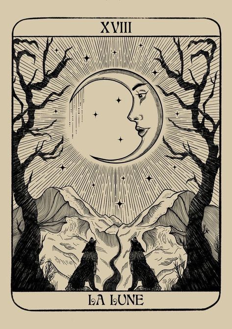 The Moon Tarot Illustrations, The Moon Tarot Painting, The Moon Tarot Design, The Moon Tarot Drawing, The Moon Tarot Tattoo Design, Tarot Tattoo Moon, Sun Moon Tarot Card Tattoo, The Moon Tarot Card Drawing, Get You The Moon