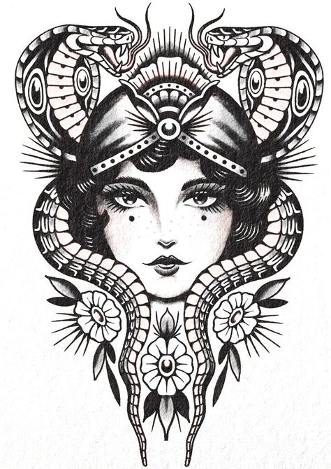 Check more at https://howcandothis.com/womenstyle/37965/ Neo American Traditional Tattoo Sleeve, Raddle Snake Tattoo, Interesting Tattoo Ideas, Pin Up Girl Tattoos For Women, Traditional Woman Head Tattoo, Old School Lady Tattoo, Large American Traditional Tattoo, Traditional Female Tattoo, Old School Woman Tattoo