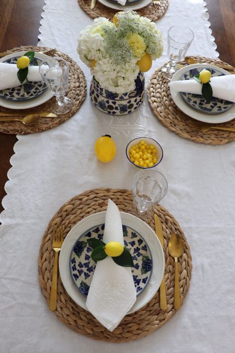 lemon napkin ring Tablescapes Summer, Lemon Centerpieces, Yellow Carnations, Rattan Charger, Summer Tablescapes, Pinterest Challenge, Dried Lemon, Storybook Cottage, Target Dollar Spot