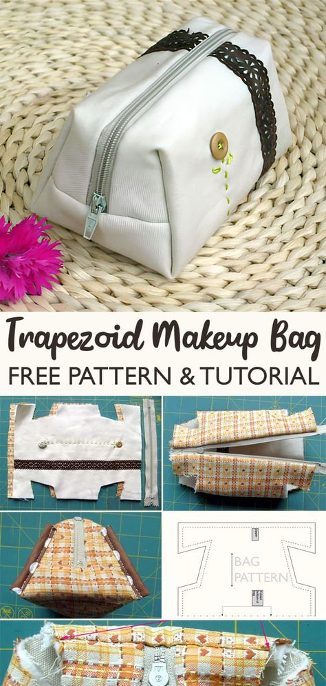 Trapezoid Makeup Bag Tutorial Makeup Bag Tutorial, Makeup Pouch Diy, Travel Bag Pattern, Mini Makeup Pouch, Makeup Bag Tutorials, Textile Bags, Cosmetic Bag Pattern, Bag Free Pattern, Diy Makeup Bag