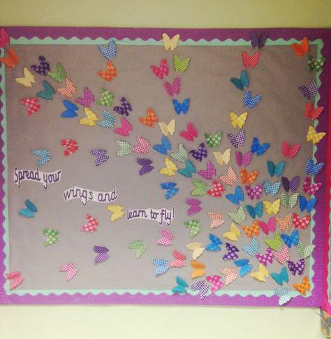 Gorgeous display! Using Twinkl's 3D butterflies, this teacher has made an inspirational display which really brightens up her classroom! Summer Classroom Door, Butterfly Classroom Theme, Classroom Wall Decoration Ideas, Butterfly Classroom, Butterfly Bulletin Board, Nurture Room, Classroom Wall Decoration, Nurture Group, Butterflies Classroom