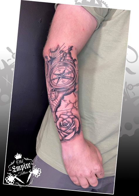 Compass With Rose Tattoo, Map Tattoo Design, Tattoo Map, Compass And Map Tattoo, Map Tattoo, Empire Tattoo, Map Tattoos, Travel Tattoo, Rose Tattoo