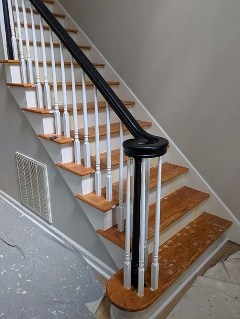 Updating a 90’s Oak Staircase Staircase With Iron Spindles, Oak Stair Treads, Stair Walls, Oak Staircase, Iron Spindles, Oak Handrail, Carpet Treads, Stairway Decorating, Oak Stairs