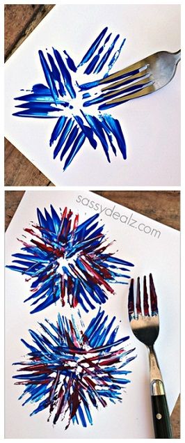 Fireworks Craft using a fork! Great for a kids 4th of July craft or memorial day art project! Firework Painting, Fireworks Craft, Patriotic Crafts, July Crafts, Childrens Crafts, Summer Crafts, Toddler Crafts, Kids Art Projects, School Crafts