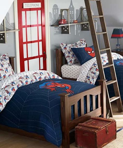 Spiderman+Bedding Spiderman Quilt, Kids Shared Bedroom Ideas, Spiderman Bedding, Spider Man Room, Spiderman Bed, Superhero Boys Room, Spiderman Bedroom, Shared Bedroom Ideas, Pottery Barn Kids Bedding