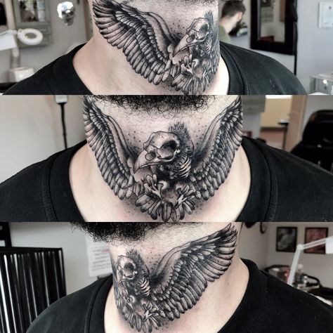 #tattoo #blackandgrey #blackandgreytattoo #necktattoo #neck #raven #undead Crow Tattoo Neck, Raven Neck Tattoo, Clavicle Tattoo, Throat Tattoo, Crow Tattoo, Ink Ideas, Neck Tattoo, Tattoo Idea, Black And Grey Tattoos