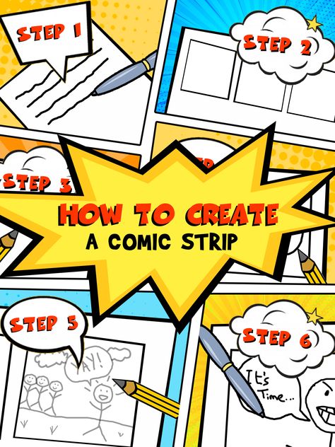 Here's how to create a comic strip in 6 steps. Follow these simple step-by-step instructions to create your first-ever comic strip. Create A Comic Strip, Love Story Comic, National Comic Book Day, Comic Book Wallpaper, Comic Book Display, Make A Comic Book, Comic Book Tattoo, Comic Template, Comic Book Storage