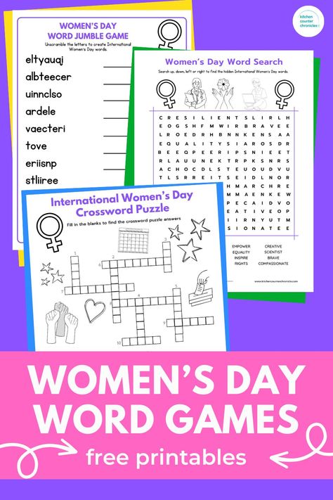 printout of 3 women's day word games - crossword puzzle, word search and word jumble. On a purple background International Women's Day Activities For Kids, Printable Word Games, Rainy Day Games, Free Printable Bookmarks, Printable Games For Kids, Printable Christmas Games, Free Printable Games, Women's History Month, Word Scramble