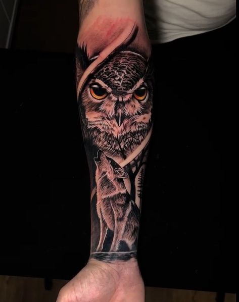 Owl Men Tattoo, Owl Arm Tattoo Men, Owl Forearm Tattoo Men, Owl Tattoo Leg, Owl And Wolf Tattoo, Owl Sleeve Tattoo, Owl Arm Tattoo, Owl Tattoo Men, Wrestling Tattoos