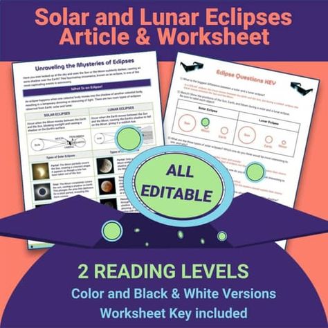 Articles Worksheet, Earth Science Activities, Differentiation In The Classroom, Solar And Lunar Eclipse, Student Worksheet, 2024 Eclipse, 6th Grade Reading, 4th Grade Reading, Total Solar Eclipse