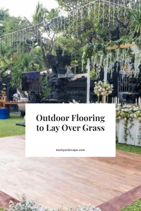 Patio Over Grass Ideas, Grass Outdoor Patio, Temporary Patio Floor, Deck On Grass Ideas, Grass Rug Outdoor Patio, Grass To Patio Transition, Outdoor Flooring Over Dirt, Patio On Grass Ideas, Outdoor Rug On Grass Yards Backyard