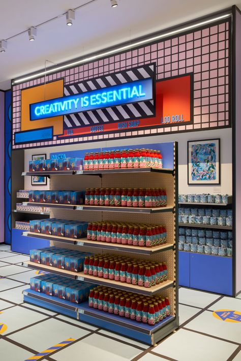 Supermarket Food, Camille Walala, Creative Room, Bombay Sapphire, Supermarket Design, Gin Bottles, Museum Shop, Brick And Mortar, London Design