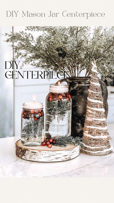 Christmas DIY Mason Jar Centerpiece 🌲 Save & Share for the holidays! You can use mason jars or a clear vase. Fill it up with water, add… | Instagram Christmas Centerpieces Mason Jars, Mason Jar Christmas Centerpieces Diy, Christmas Mason Jar Centerpieces, Glass Vase Christmas Centerpiece, Christmas Mason Jars Centerpieces, Canning Jar Centerpieces, Christmas Glass Jars, Christmas Party Centerpieces, Holiday Mason Jar