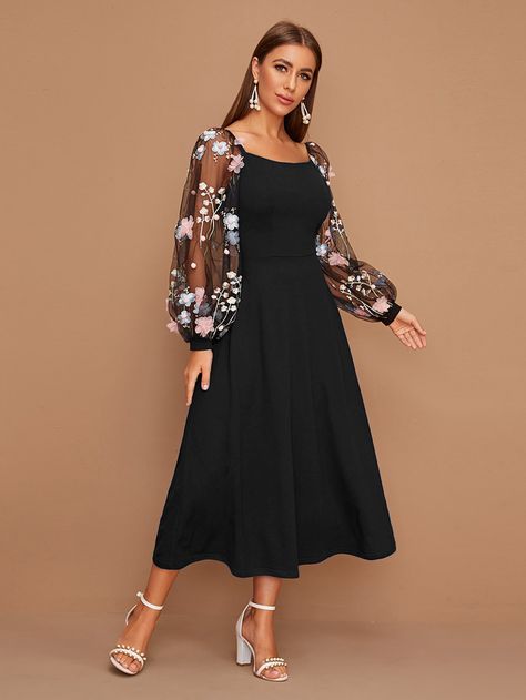 Black Elegant  Long Sleeve Polyester Floral A Line Embellished Slight Stretch Spring/Fall Women Dresses Simple Frocks, Frock For Women, Mesh Maxi Dress, Lantern Sleeve Dress, فستان سهرة, Shein Dress, Frock Design, Women Long Dresses, Lantern Sleeve