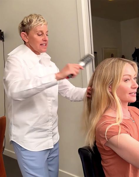 Watch Ellen DeGeneres Attempt to Style Wife Portia De Rossi's Hair: 'It's Not Working' Portia De Rossi Short Hair, Portia De Rossi Hair, Portia De Rossi Style, Ellen Degeneres And Portia, Ellen And Portia, Portia De Rossi, Working People, Ellen Degeneres, Get It