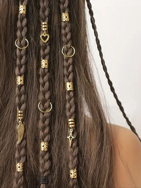 Hippie Hair Jewelry, Hemp Hair Wrap, Decorated Dreadlocks, Gold Hair Rings, Braids With Accessories, Cool Hair Styles, Hair Boho Braids, Hippie Style Hair, Hippie Hair Accessories