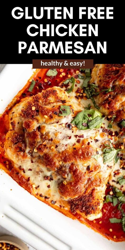 This gluten free chicken parmesan is crispy, easy to make and perfect for a simple weeknight dinner. This chicken parmesan is high protein and healthy. Gluten Free Chicken Parmesan, Gluten Free Baked Chicken, Gf Dinners, Baked Chicken Parm, Quick Vegetarian Dinner, Vegan Pasta Sauce, Healthy Chicken Parmesan, Gluten Free Dinner Easy, Dairy Free Pasta