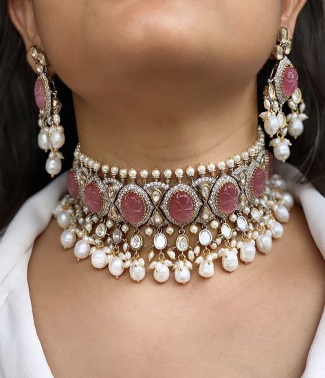 Choker Necklace -  KKsCulture Wedding Choker Necklace, Victorian Choker, Kundan Choker Set, Stones Earrings, Sabyasachi Jewellery, Kundan Choker, Stone Choker, Kundan Necklace, Diamond Choker