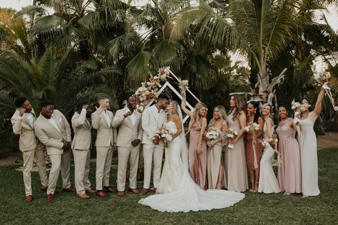 Tropical Boho Acre Baja Wedding in Neutral Tones | Junebug Weddings Groomsmen Attire Beach Wedding, Beige Suits Wedding, Boho Wedding Groomsmen, Baja Wedding, Acre Baja, Wedding Groomsmen Attire, Tropical Wedding Theme, Groom And Groomsmen Suits, Tropical Wedding Inspiration