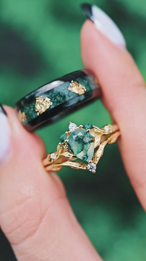 Moss Agate & Gold Leaf Couples Ring – Aquamarise Him And Her Rings, Moss Agate Couple Rings, Couple Promise Rings Matching Set, Emerald Green Wedding Ring Set, Natural Moss Agate Engagement Ring, Green Moss Agate Engagement Ring, Unique Green Wedding Rings, Forest Engagement Ring, Untraditional Wedding Rings